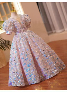 robe de cérémonie pour fillette rose recouverte de sequins floraux avec col V