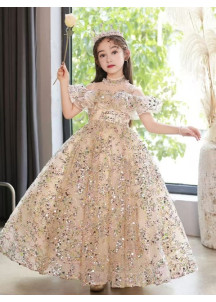 robe cérémonie fille longue pailletée champagne épaules dégagées à volants