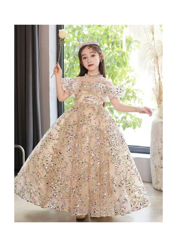 robe cérémonie fille longue pailletée champagne épaules dégagées à volants