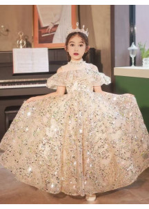 robe cérémonie fille longue pailletée champagne épaules dégagées à volants