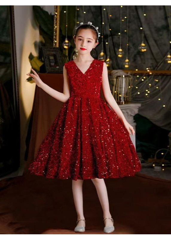 Bordeaux Sequined Ceremony Dress for Girls