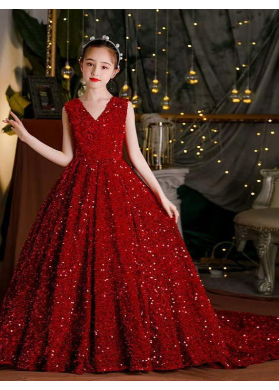 Bordeaux Sequined Ceremony Dress for Girls