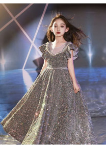 Ceremonial Long Silver Sequined Dress for Girls with Short Ruffled Sleeves