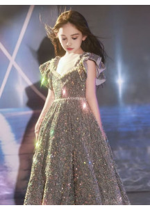 Ceremonial Long Silver Sequined Dress for Girls with Short Ruffled Sleeves