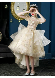 Golden Tulle Flower Girl Dress with Asymmetrical Skirt