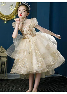 Golden Tulle Flower Girl Dress with Asymmetrical Skirt