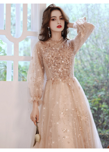 Champagne tulle evening gown embroidered with sequins and pearls