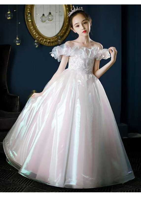 robe demoiselle d'honneur fille en tulle blanc iridescent aux reflets arc-en-ciel