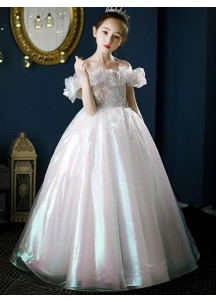 robe demoiselle d'honneur fille en tulle blanc iridescent aux reflets arc-en-ciel