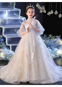 Ivory Wedding Dress for Young Girl with Majestic Train and Puffed Sleeves