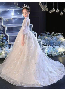 Ivory Wedding Dress for Young Girl with Majestic Train and Puffed Sleeves