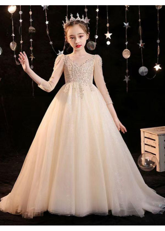 robe mariage enfant champagne avec traîne et manches longues en tulle transparent