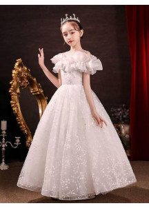 White Wedding Dress for Young Girl with Bare Shoulders and Ruffled Details Adorned with Pearls