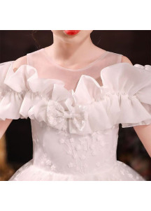 White Wedding Dress for Young Girl with Bare Shoulders and Ruffled Details Adorned with Pearls