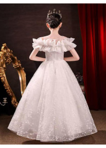 White Wedding Dress for Young Girl with Bare Shoulders and Ruffled Details Adorned with Pearls