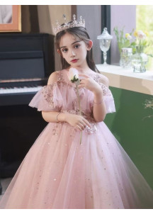 robe demoiselle d'honneur pas cher en tulle rose parsemé de sequins scintillants