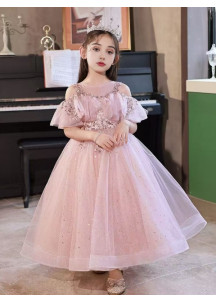 robe demoiselle d'honneur pas cher en tulle rose parsemé de sequins scintillants