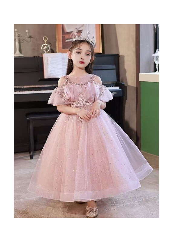 robe demoiselle d'honneur pas cher en tulle rose parsemé de sequins scintillants