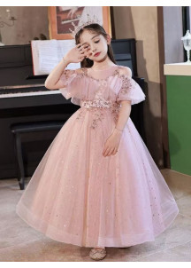 robe demoiselle d'honneur pas cher en tulle rose parsemé de sequins scintillants