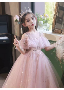 robe demoiselle d'honneur pas cher en tulle rose parsemé de sequins scintillants