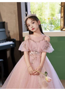 robe demoiselle d'honneur pas cher en tulle rose parsemé de sequins scintillants