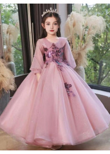 robe de cérémonie pour fillette en tulle rose avec col Claudine bordé de perles fines