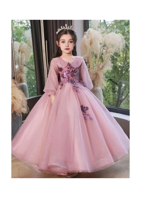 robe de cérémonie pour fillette en tulle rose avec col Claudine bordé de perles fines