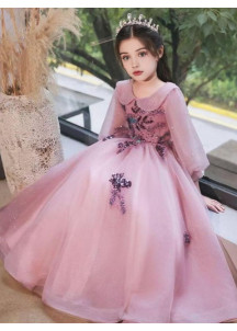 robe de cérémonie pour fillette en tulle rose avec col Claudine bordé de perles fines