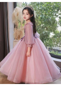 robe de cérémonie pour fillette en tulle rose avec col Claudine bordé de perles fines