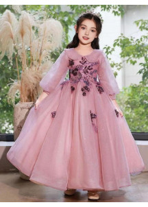 robe de cérémonie pour fillette en tulle rose avec col Claudine bordé de perles fines