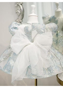 Vestido de Dama de Honor para Niña de Tela Jacquard Azul Glaciar con Reflejos Plateados