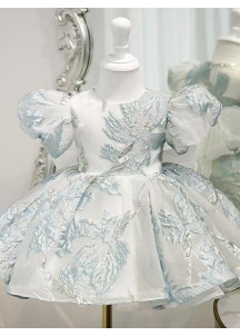 robe demoiselle d'honneur petite fille tissu jacquard bleu glacier aux reflets argentés