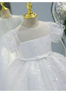 Vestido de Dama de Honor para Niña de Tul Gris Brillante con Mangas Cortas Bouffantes