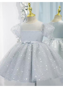 Sparkling Grey Tulle Flower Girl Dress with Short Puffed Sleeves