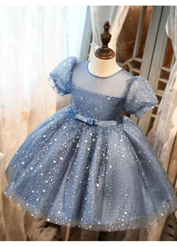 Sparkling Grey Tulle Flower Girl Dress with Short Puffed Sleeves