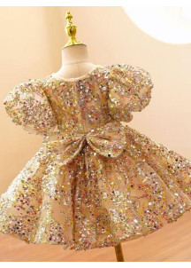 robe soirée enfant brodée de sequins dorés avec jupe courte et bouffante