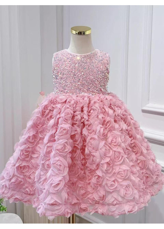 robe de fille de fleur rose ornée de sequins scintillants