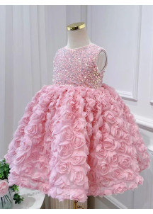 robe de fille de fleur rose ornée de sequins scintillants