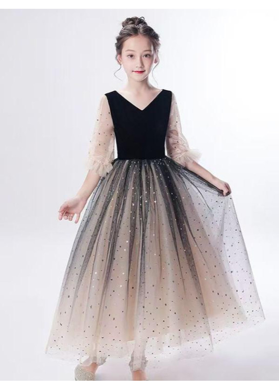 robe de fille de fleur en velours noir et jupe en tulle scintillante