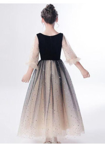 robe de fille de fleur en velours noir et jupe en tulle scintillante