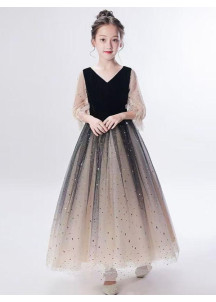 robe de fille de fleur en velours noir et jupe en tulle scintillante