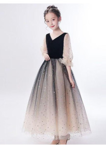 robe de fille de fleur en velours noir et jupe en tulle scintillante