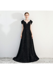 Black sequin evening gown with V-neckline