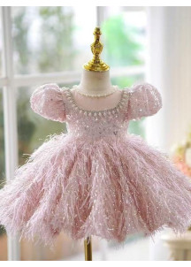 robe de fille de fleur rose féerique avec jupe en plumes vaporeuses