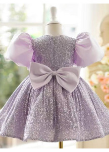 robe de fille de fleur à sequins lilas avec manches bouffantes