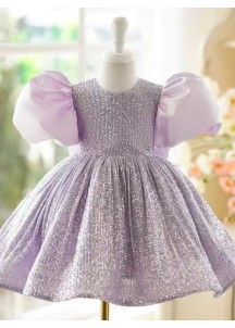 robe de fille de fleur à sequins lilas avec manches bouffantes