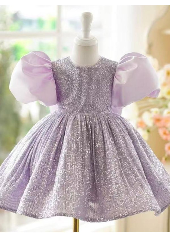 robe de fille de fleur à sequins lilas avec manches bouffantes