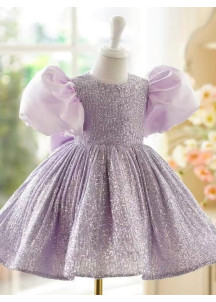 robe de fille de fleur à sequins lilas avec manches bouffantes