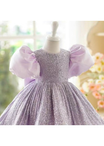 robe de fille de fleur à sequins lilas avec manches bouffantes