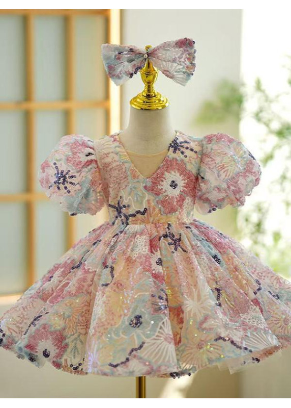 robe cérémonie fille motifs floraux à sequins et des perles avec jupe évasée